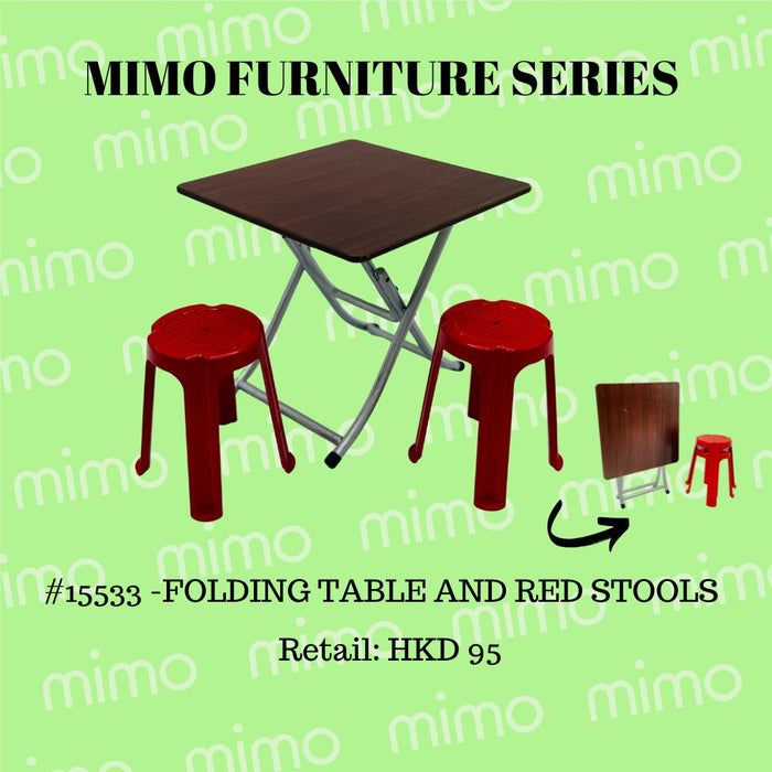 mimo miniature -MIMO Furniture Series - Folding Table and Red Stools (No.15533)